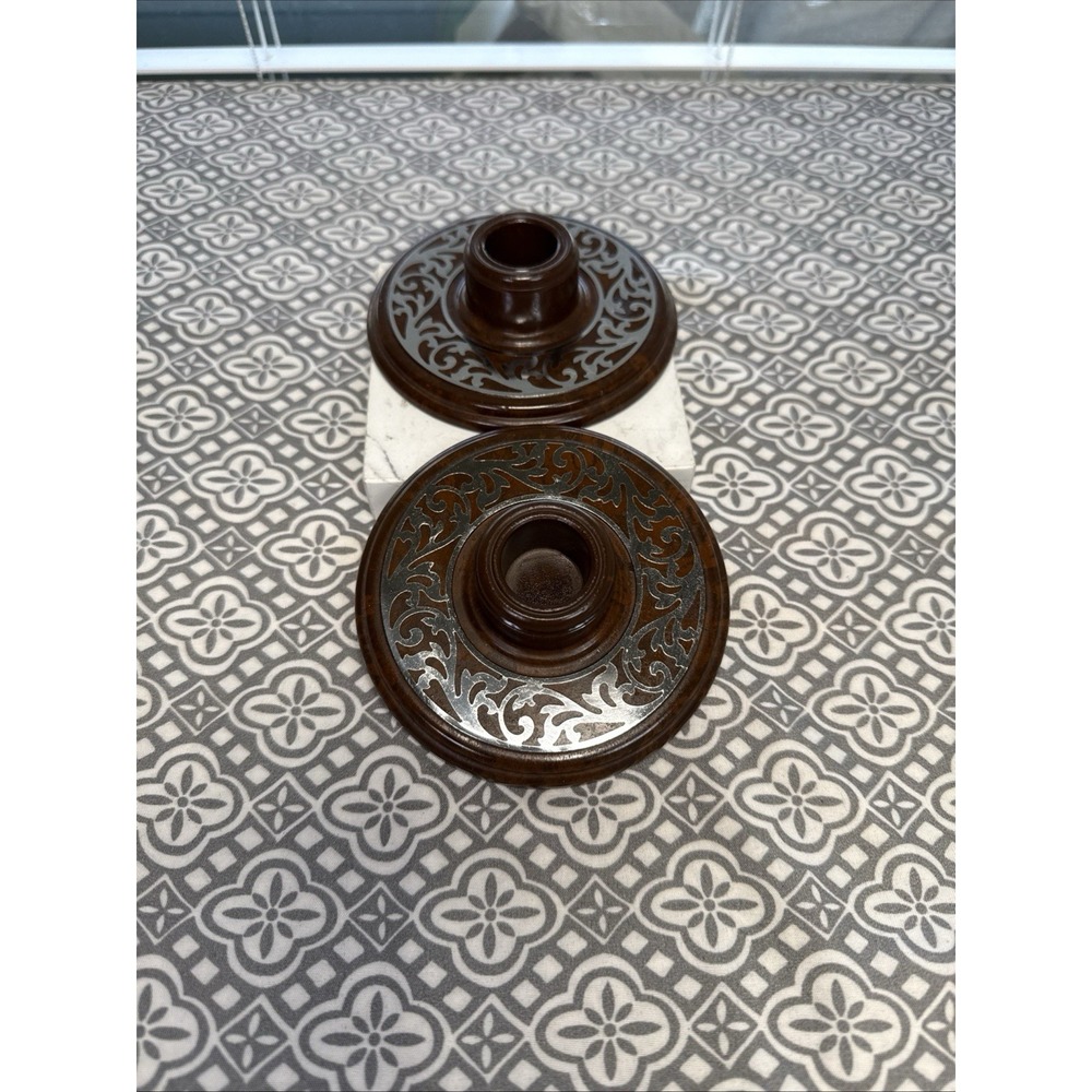 2 Vintage Art Deco Brown Bakelite Silver Inlay Tapered Candle Holder Sets